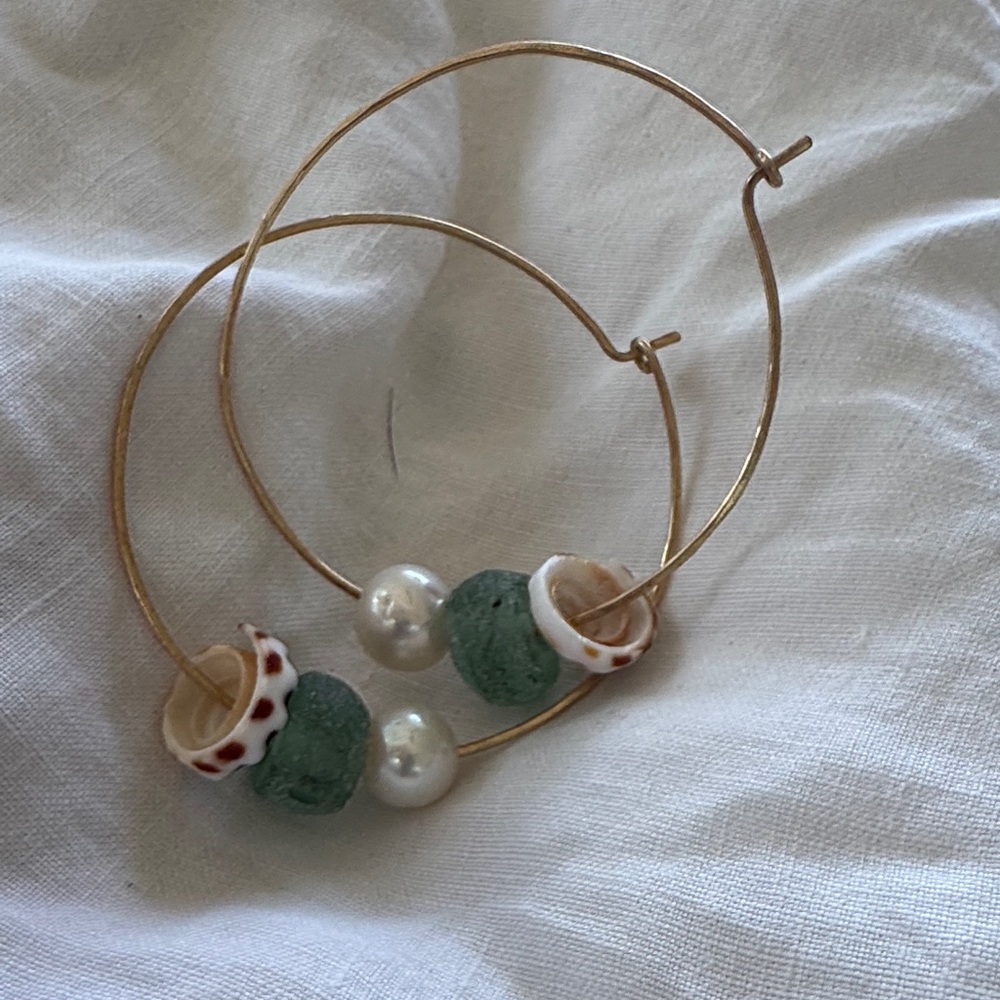Elegant Gold Hoop Earrings with Green blue sea glass and shell
